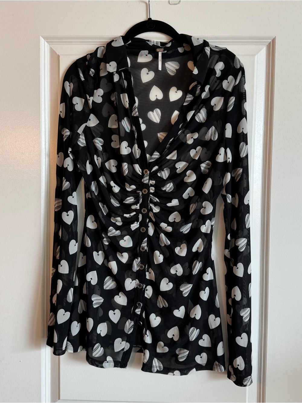 Black Heart-Print Button Front Long Sleeve Top